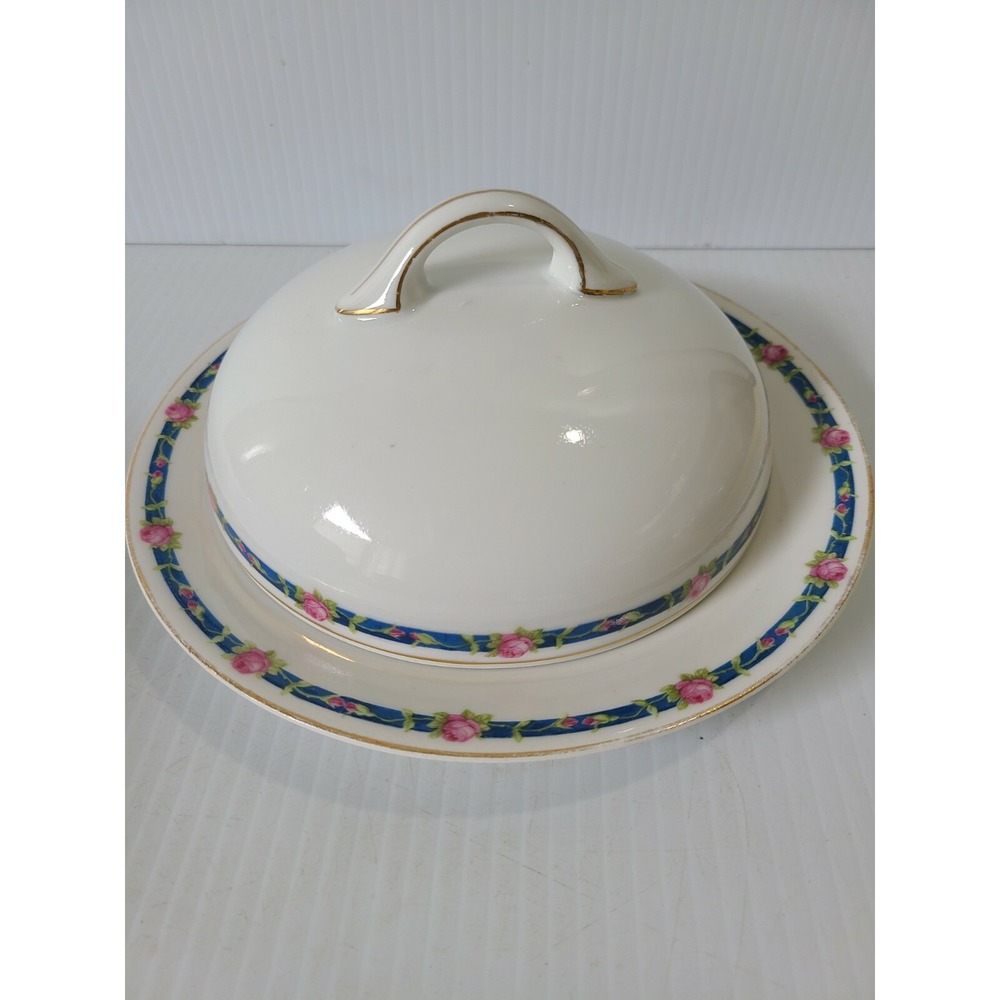 J&C Bavaria China Round Butter Dish with Lid Pink Roses Blue Ribbon